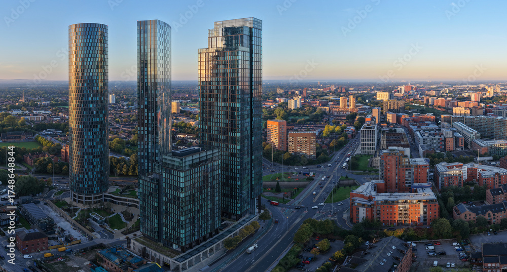 Obraz premium Sunrise aerial view of Deansgate Square towers in Manchester overlooking Mancunian Way and the city’s western districts