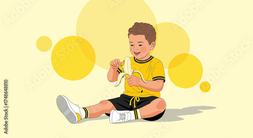 Smiling Young Child Preparing to Peel and Eat a Ripe Yellow Banana in Cartoon Illustration