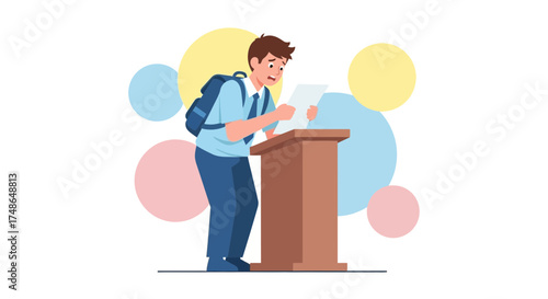 Student Experiencing Anxiety During Public Speaking, Illustration Style, Reading From Paper