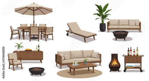 Collection of outdoor furniture and accessories for patio or garden relaxation and dining