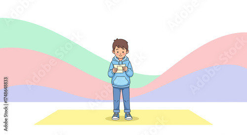 Smiling Young Person Holding a Card against a Pastel Wave Background