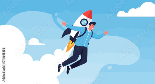 Soaring Ambition: Individual Rocket Launching Above Clouds, Achieving Success and Goals
