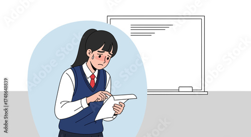 Student in School Uniform Feeling Anxious During Examination Test Beside Blackboard