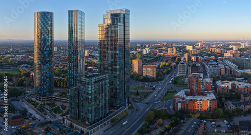 Картината върху платно Sunrise aerial view of Deansgate Square towers in Manchester overlooking Mancuni