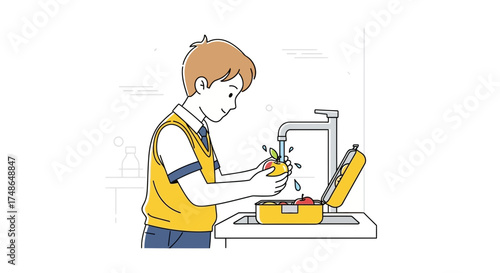 Student Preparing Fresh Fruits for Lunch in Simplified Vector Illustration Style