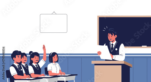 Student Presentations: Nervous Teacher Faces Questioning Pupils In Classroom Setting