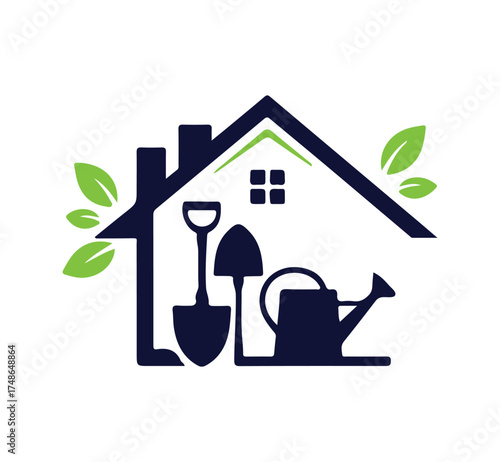 Gardening Tools in House Silhouette with Green Leaves A Nature-Friendly Approach