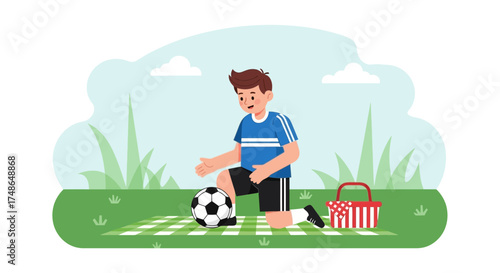 Soccer Athlete Plays Enjoyably Outdoors near Picnic Basket on Grassy Meadow