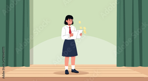 Student Presenting On Stage Holding Papers, Delivering Speech Into Auditorium