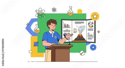 Student Presenting Science Project Depicting Volcano Eruption With Colorful Illustrations