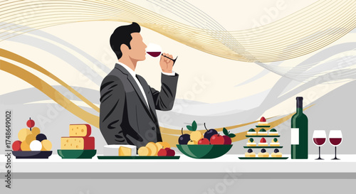 Sophisticated Tasting Experience: Man Enjoying Wine Amidst Gourmet Delights on Formal Occasion