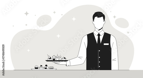 Sophisticated Waiter Presenting Culinary Delights on a Tray in a Modern, Minimalist Style