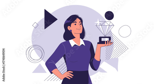 Sophisticated Woman Holding Diamond, Vector Illustration, Symbolizing Success And Wealth.