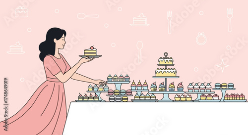 Sophisticated Woman Holds A Slice Of Cake From An Array Of Desserts