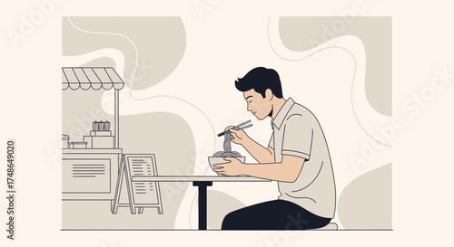 Stylish Illustration Of A Man Eating Noodles At An Outdoor Street Food Stall