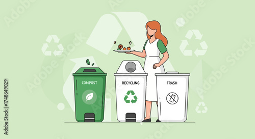 Sorting Food Waste For Compost, Recycling, And Trash Into Designated Bins Correctly