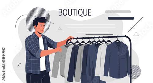 Stylish Male Shopper Inspecting Apparel Selection In Boutique Store Display