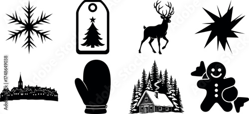 Vector art of selection of festive winter and christmas icons including snowflake, tag, deer, explosion, village, mitten, cabin, and gingerbread man