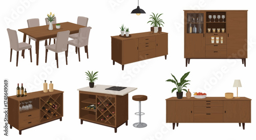 A collection of brown wooden furniture pieces, including a dining table, chairs, cabinets, and a bar, perfect for home decor