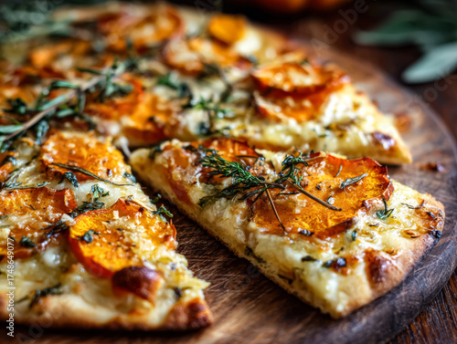 Autumn harvest pizza features roasted squash and fresh herbs, beautifully presented on a wooden board, inviting seasonal flavors