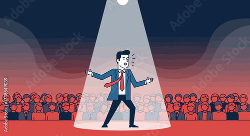 Speaker Addresses Crowd On A Stage, Audience Watches And Listens During The Presentation