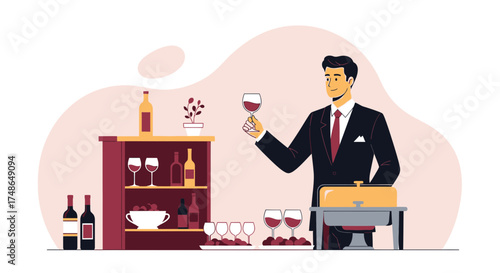 Stylish Sommelier Presenting Wine at an Elegant Event Serving Exquisite Beverages Perfectly