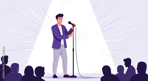 Speaker on Stage Giving a Presentation with Audience Illustration Concept No Comma