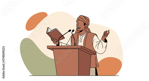 Speaker Reading From Book While Addressing Audience, Using Podium, Public Speaking