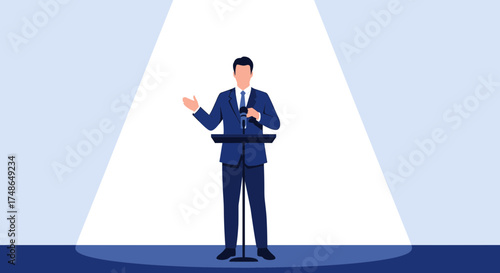 Speaker Stands Before An Audience, Illuminated During A Formal Public Address Or Speech Delivery
