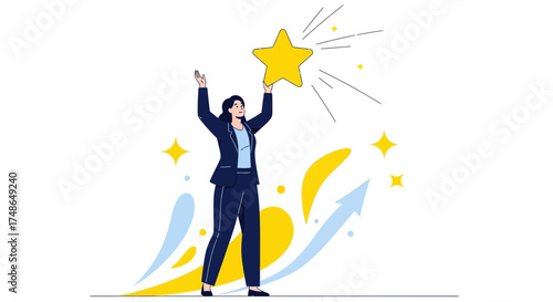 Success Achievement: Businesswoman Reaching For A Golden Star Symbolizing Accomplishment