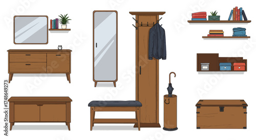 Collection of wooden furniture for hallway, coat rack, mirror, bench, and storage options