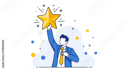 Success and achievement concept with businessman reaching for a gold star illustration