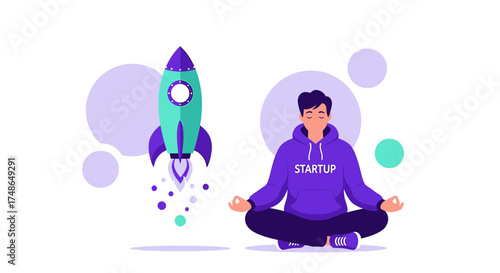 Start-up concept: A meditating man launching a rocket representing a new business venture