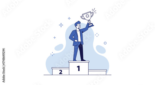 Success and Achievement Concept: A Silhouette Man Celebrating Victory Holding Trophy