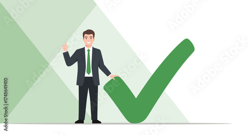 Success Businessman With Green Checkmark, Showing Positive Feedback, Illustration Of Achievement