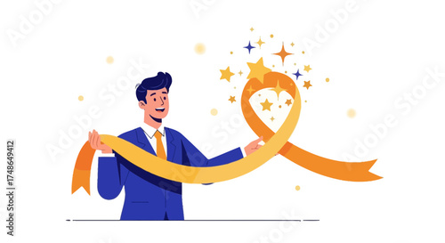 Success Celebration: A Businessman Celebrates by Holding an Orange Ribbon and Stars