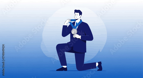 Success Celebration: A Businessman Kneeling with a Silver Medal, Symbolizing Achievement