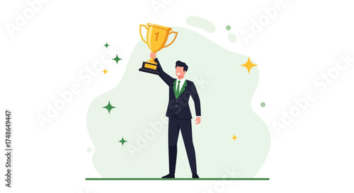 Success Celebration: An Upbeat Depiction Of A Winner Raising His Trophy High