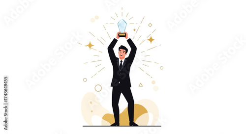 Success Celebration: Businessman Triumphantly Displaying Trophy for Outstanding Achievements