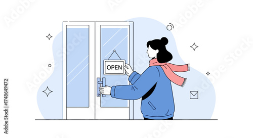 Store Opening: A Person Announces Business Inauguration with Open Sign Displayed