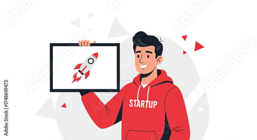 Startup Visionary Holding Rocket Illustration on a Minimalistic White Background Concept