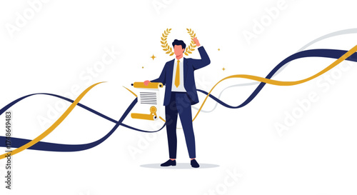 Success Celebration Of Businessman Holding Award And Certificate In Vector Style