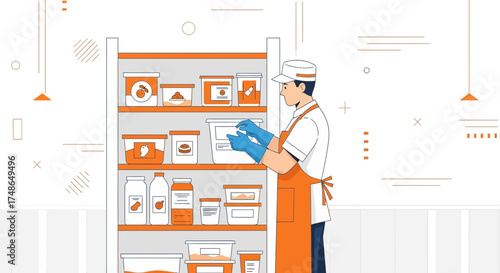 Storekeeper Arranging Food Supplies on Shelves in a Minimalist Orange and White Illustration