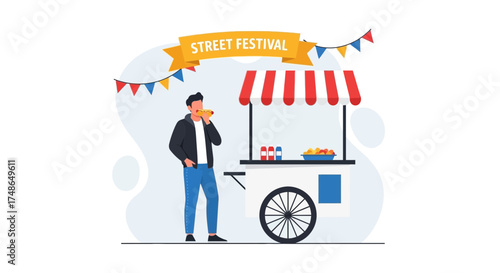 Street Food Festival Scene: A Man Enjoys a Treat at a Vibrant Outdoor Market