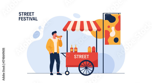 Street food festival illustration of a man eating a hotdog from a street cart