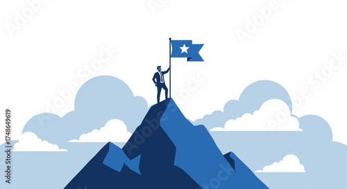 Success in business depicted by a silhouette of a man on mountain raising a flag