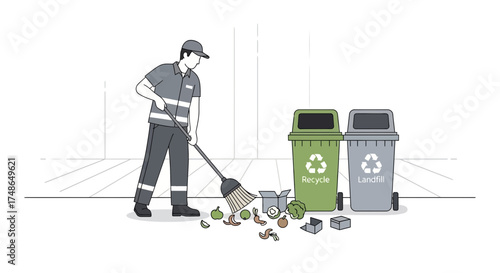 Street Cleaner Working with Trash Bins for Recycle and Landfill Concept Illustration