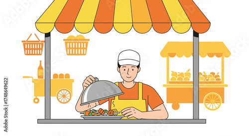 Street Food Vendor Displaying Freshly Prepared Dishes Under A Vibrant Awning