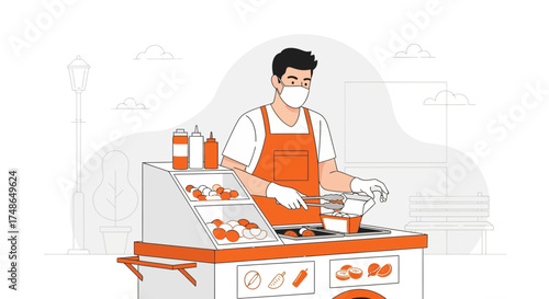 Street Food Vendor Prepares Meal Wearing Mask And Gloves In Open Air Restaurant