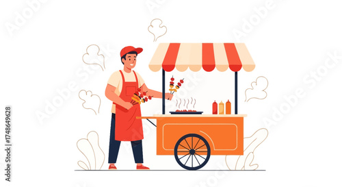 Street food vendor preparing kebabs at a food stall illustration vector graphic